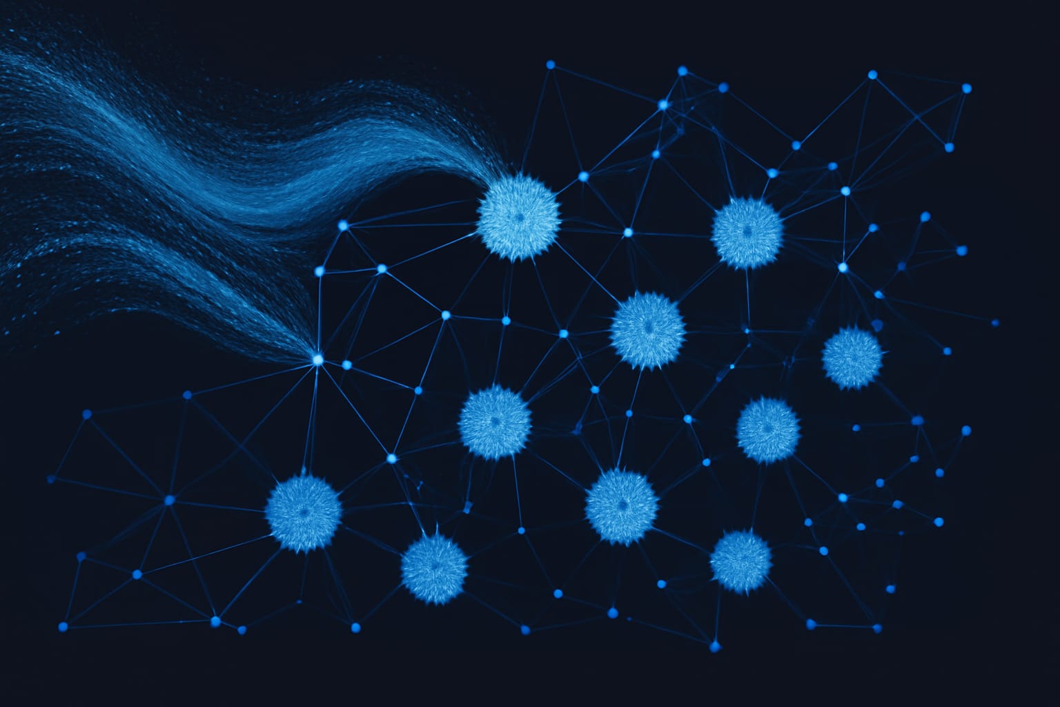 Editorial illustration in dataviz-particles style depicting a dispatch matrix with the top ten OperationOutcome issue codes and their handlers